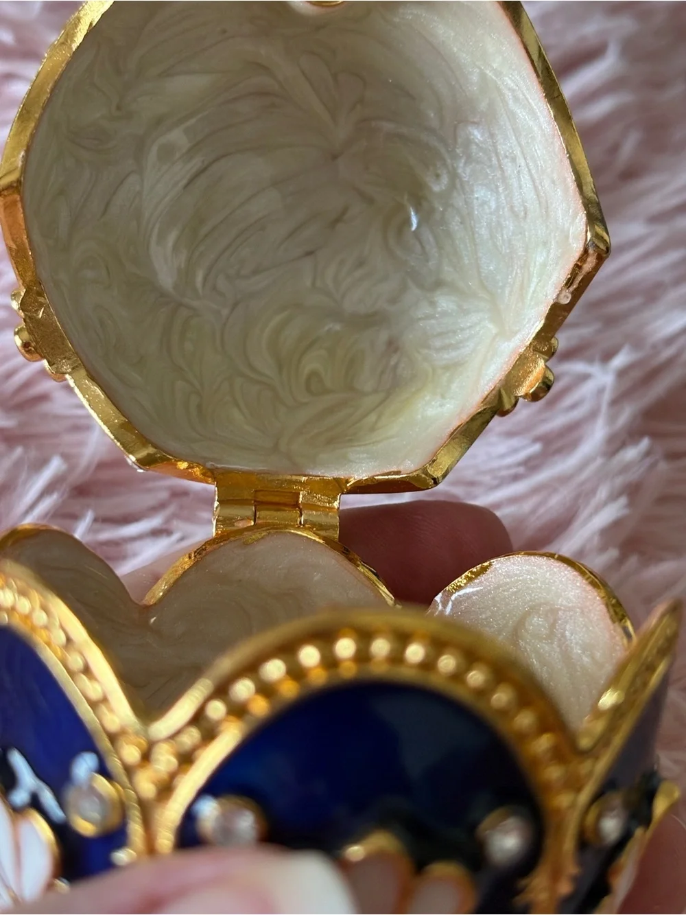 Decorative Egg Trinket Box in Deep Blue, Pink, and Gold